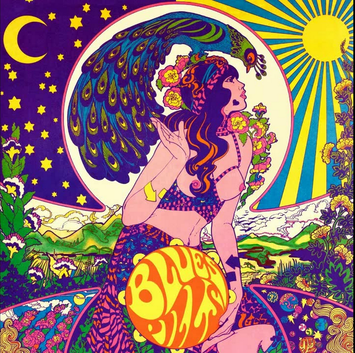 Psychedelic album art featuring a cartoon topless woman framed by a peacock. The cover is bright, colorful, and decorated with several types of flowers.